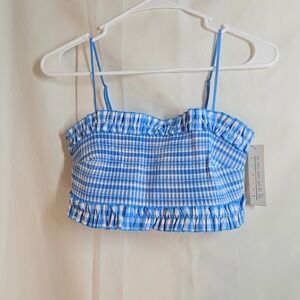 Calsie‎ Blue Gingham Smocked Ruffle Cropped Cami Top - Summer Cute Crop